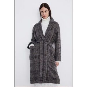 Zara‎ Mink Belted Plaid Coat Size S Brown Wool Alpaca Mohair Pockets Trench Long